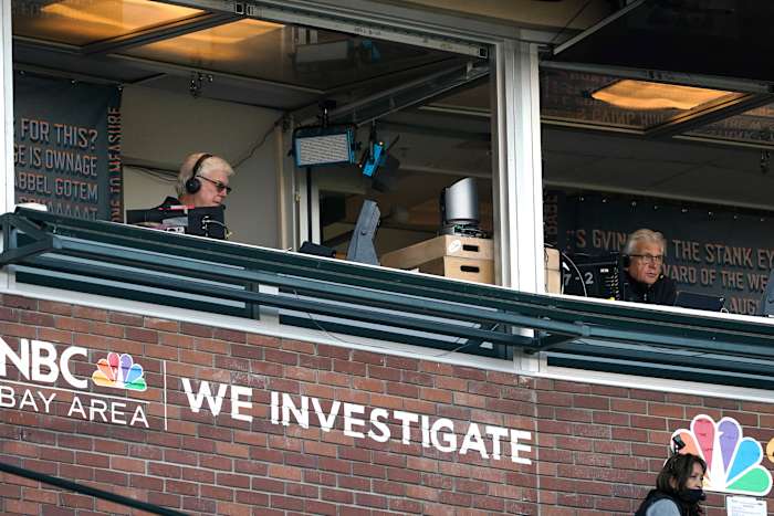 Mike Krukow (left) and Duane Kuiper call the game from different booths in 2020.